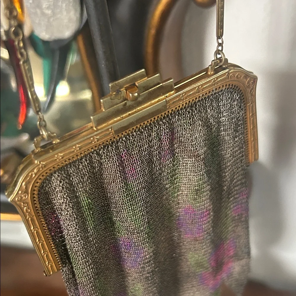Antique Art Deco Dresden Mesh Watercolor Floral Purse Handbag - Picture 6 of 15